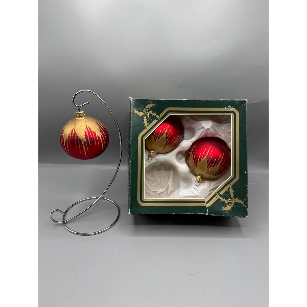 Vtg Red Gold Glitter Glass Christmas Ball Ornament mid century regency set of 3
